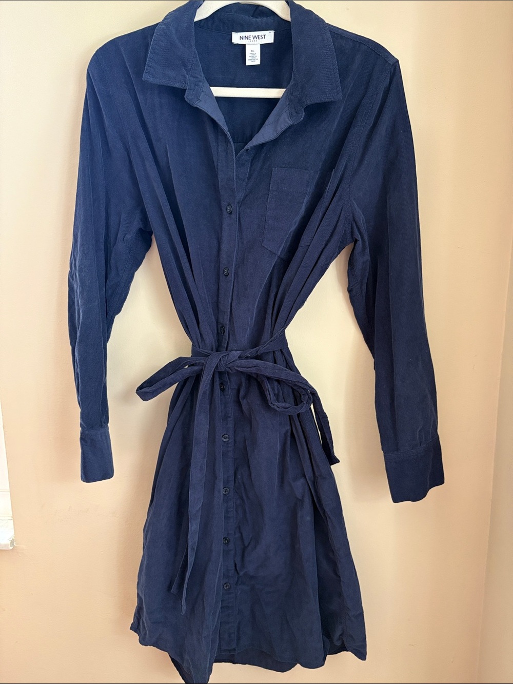 Nine West Navy Long-Sleeve Button-Front Shirt Dress with Tie Waist
